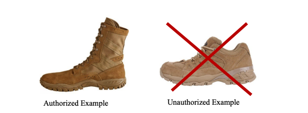 (New) Figure 7.12. Authorized and Unauthorized Coyote Brown Combat Boot Examples.